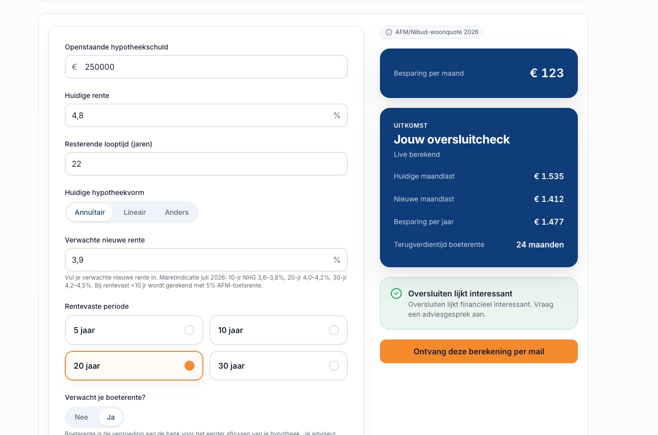Voorbeeld van een AppForBiz hypotheek-rekentool in de huisstijl van een adviseur